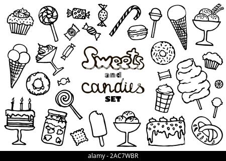 Doodle candy eingestellt. Sammlung von Süßigkeiten, Kuchen, Süßigkeiten, Eis und Desserts. Hand gezeichneten Symbole. Vektorgrafiken. Stock Vektor
