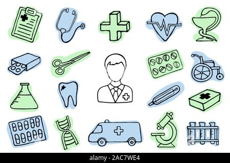 Das Niedlichste doodle Medizin Symbol für Ihr Design. Hand, Gesundheitswesen, Pharmazie, medizinische cartoon Sammlung Icons. Vektorgrafiken eps 10. Stock Vektor