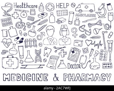 Das Niedlichste doodle Medizin Symbol für Ihr Design. Hand, Gesundheitswesen, Pharmazie, medizinische cartoon Sammlung Icons. Vektorgrafiken eps 10. Stock Vektor