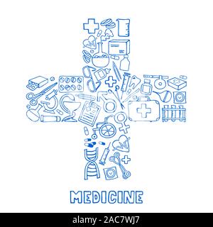 Medizinisches Konzept - Kreuz. Das Niedlichste doodle Medizin Symbol für Ihr Design. Hand, Gesundheitswesen, Pharmazie, medizinische cartoon Symbole. Vektorgrafiken eps 10. Stock Vektor