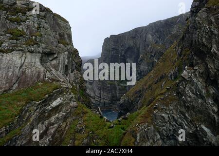 Klippen, Mizen Head, südwestlichsten Punkt von Irland, Nebel, Nieselregen, schlechtes Wetter, wilden Atlantik weg, touristische Attraktion, RM Irland Stockfoto