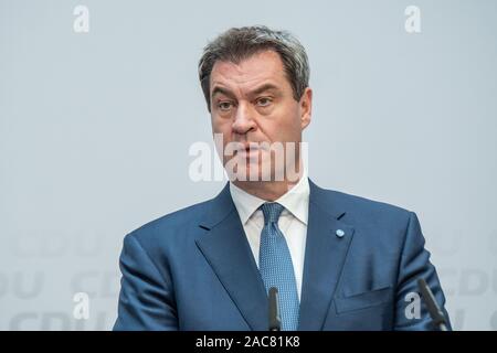 Markus Söder sprach auf einer Wahlkampfveranstaltung im Mai 2019 in Berlin. Dieses Foto zeigt ihn beim Sprechen über die CDU-Wahlergebnisse, wie sie gekommen sind. Stockfoto