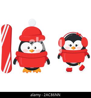Cute Winter Sport penguin Boy und Girl Paar auf weißem Hintergrund. Stock Vektor