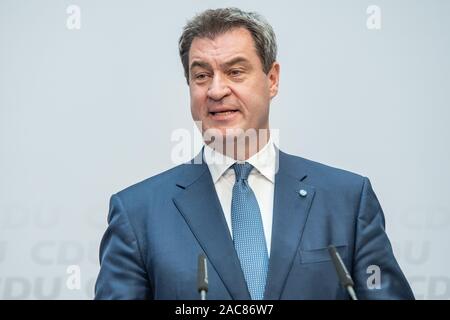 Markus Söder sprach auf einer Wahlkampfveranstaltung im Mai 2019 in Berlin. Dieses Foto zeigt ihn beim Sprechen über die CDU-Wahlergebnisse, wie sie gekommen sind. Stockfoto