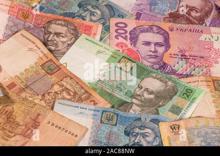 Eine Komposition der ukrainischen Griwna. UAH Banknoten bietet große Möglichkeiten für die Illustration von Themen wie Handel, Banken, Medien, etc. Stockfoto