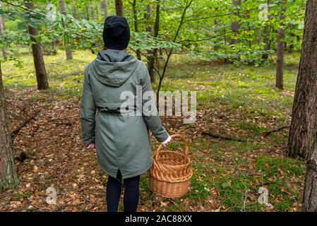 Eine junge Frau trägt eine schwarze Kappe und Olivenöl Fell steht nach hinten in den Wäldern halten Sie einen Weidenkorb Pilze zu sammeln. Stockfoto