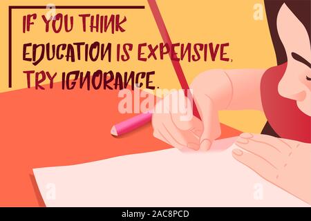 Flache Darstellung eines elementaren Schulmädchen, die versuchen, auf ein Stück Papier zu schreiben. Kind in der Schule Zeichnen in einem Notebook mit einem Stift, Bildung Zitat Stock Vektor