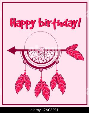 Böhmische Gruß Postkarte mit Happy birthday Nachricht und die Hälfte eines Dreamcatcher mit Federn, Perlen und Pfeile. Stock Vektor