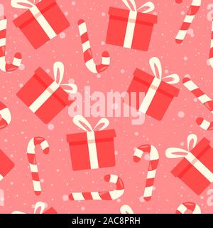 Winterurlaub nahtlose Muster mit Geschenkboxen und Zuckerrohr. Lebende Korallen Abbildung mit Süßigkeiten, behandelt und präsentiert. Stock Vektor