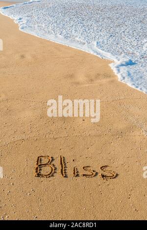 Das Wort Glückseligkeit in den Sand am Strand geschrieben mit einer Welle in der Waschmaschine Stockfoto
