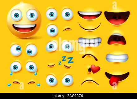 Smileys emoticons Charaktererstellung Vektor einrichten. Smileys emoji Gesicht kit Augen und Mund in wütend, verrückt, Weinen, frech, Küssen und Lachen Ausdruck. Stock Vektor