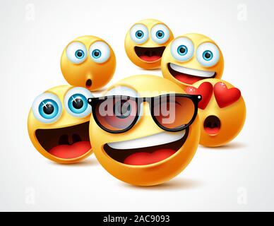 Smileys emojis Berühmtheit vektor Konzept. Berühmte Smiley Emoticon gelbe Gesichter Gruppe in 3d realistische Avatar mit niedlichen, lustig, aufgeregt, fröhlich. Stock Vektor