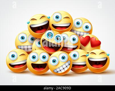 Smileys emoji Gesichter Gruppe vektor design. Smileys emojis gelber Kreis Gesicht Gruppe mit niedlichen, Lachen, lustig, Überraschung und glückliche Emotionen in Weiß. Stock Vektor