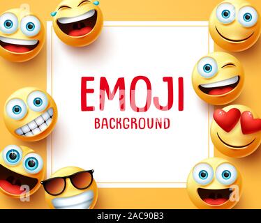 Emoji emoticons vector Hintergrund Vorlage. Emoji Hintergrund Text im weißen Raum mit einer Gruppe von smiley emojis Gesicht Elemente mit gelben Hintergrund. Stock Vektor