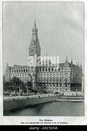 Europa, Deutschland, Hamburg, das Rathaus mit Rathausplatz, Stich nach einer Geschichte von Strumper & Co., Motiv aus: "Landeskunde der Freien und Hansestadt Hamburg und ihres Gebietes", von Prof. Gustav Dilling, Verlag: Ferdinand Hirt, Königliche Universitäts- und Verlagsbuchhandlung, Breslau, 1907. /Europa, Deutschland, Hamburg, das Rathaus mit der Rathausplatz, der Gravur nach einer Fotografie von Strumper und Co., Bild aus: "Landeskunde der Freien und Hansestadt Hamburg und ihres Gebietes" (regionale Aussicht auf Hamburg und Umgebung), von Gustav Dilling, Verlag Stockfoto