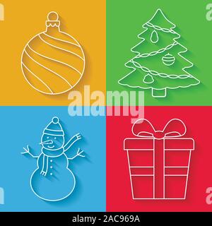 Weihnachten Zeile für Symbole: Christmas Ball, Weihnachtsbaum, Schneemann, Geschenkbox Stock Vektor