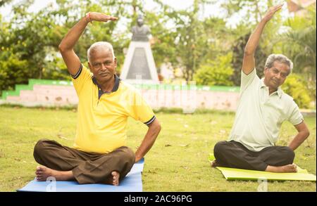 Gerne ältere Menschen Yoga durch Dehnen Hände - Begriff des älteren Menschen Fitness und gesunde Lebensweise - zwei ältere Mann beschäftigt in morgen Übung Stockfoto