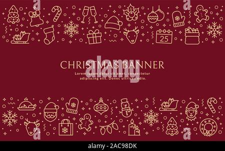 Weihnachten Banner mit Symbolen. Vector Hintergrund mit der Zeile Symbole und kopieren Sie Platz für Ihren Text. Horizontale Grußkarte für den Winterurlaub. Stock Vektor