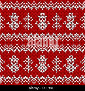 Gestrickte nahtlose Muster mit Schneemänner und Weihnachtsbäume. Vector Hintergrund. Rot und weiß Pullover Schmuck für den Winterurlaub. Stock Vektor