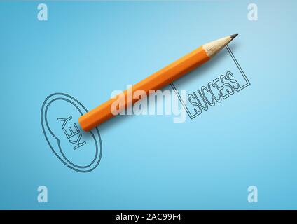 Schlüssel zum Erfolg Konzept, gezeichnet mit Bleistift auf Blau Stockfoto