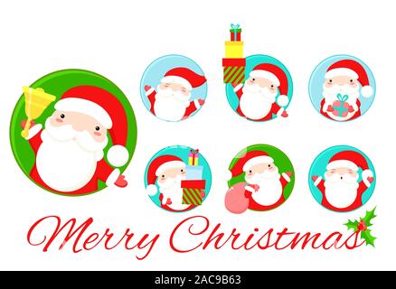 Der runde Weihnachten Aufkleber, Geschenkanhänger, Badge mit niedlichen Weihnachtsmänner mit unterschiedlichen Emotionen. Lustig, Lachen, mit Geschenken und Bell. Sammeln Stock Vektor