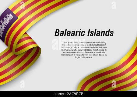 Winkende Band oder Banner mit Flagge Balearen. Gemeinschaft von Spanien. Für poster Design Template Stock Vektor