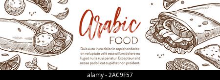Restaurant Menü von arabisches Essen Skizze Banner, Naher Osten Küche Stock Vektor