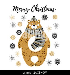 Kunst Vektor monochrome Weihnachten Abbildung mit Cartoon bear und Schneeflocken auf weißem Hintergrund. Grafiken für den Einsatz in Design Karten oder Poster von Stock Vektor