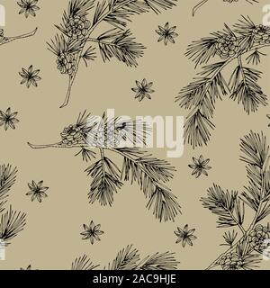 Elegante Hand gezeichnet Weihnachten nahtlose Muster mit Tannenzapfen, Pine Tree Branches und Sternanis. Winter vintage Gravur Design. Golden Vektor Stock Vektor