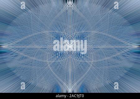 Zusammenfassung Hintergrund, symmetrischen Linien und Kringeln, bestehend aus Tausenden von weißen und blauen Linien Stockfoto