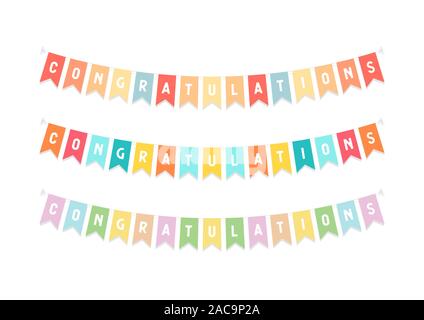 Cute bunting Fahnen mit Buchstaben Gratulation auf weißem Hintergrund. Stock Vektor