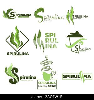 Superfood oder detox Ernährung, Spirulina Algen isoliert Symbole Stock Vektor