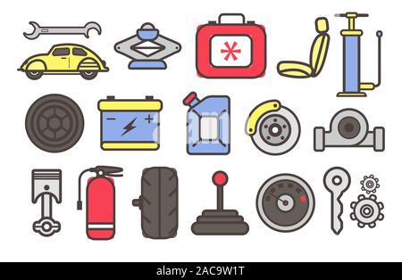 Autoteile und Auto Reparatur Service Werkzeuge isoliert Symbole Stock Vektor