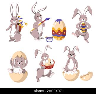Osterhasen oder Kaninchen mit Eiern und Blumen isoliert Symbole Stock Vektor