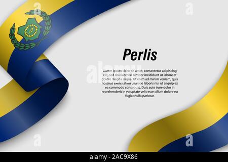 Winkende Band oder Banner mit Flagge von Perlis. Zustand von Malaysia. Für poster Design Template Stock Vektor