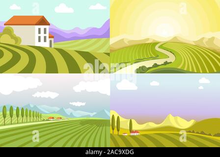 Landschaften Landschaft, Felder und Cottage Häuser, ländlichen Täler Stock Vektor
