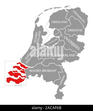 Zeeland in Rot hervorgehoben Karte von Niederlande Stockfoto