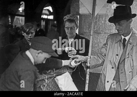 Messegänger begutachten einen Internet-adr., Leipzig, Sachsen, Deutschland, 1948. Die Messe Besucher untersuchen, einen Messestand, Leipzig, Sachsen, Deutschland, 1948. Stockfoto