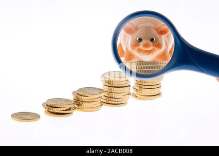 Münze Stapel von Euro-münzen mit Sparschwein und Lupe Stockfoto