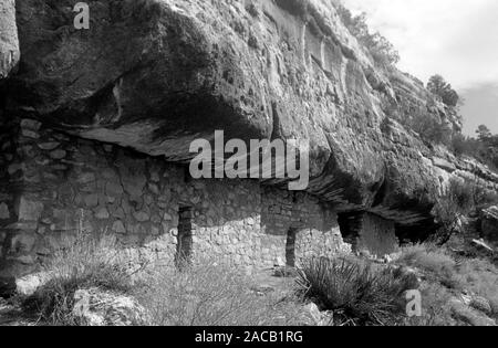 Kliff-Wohnungen von Pueblo- und Hopistämmen im Walnut Canyon, bewohnt bis 1200 n.Chr., 1962. Cliff dwellings von Pueblo und Hopi Stämme in Walnut Canyon, bis 1200 a.C., 1962 bewohnt. Stockfoto