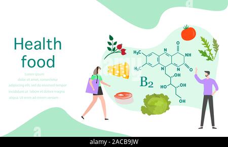 Vector Illustration mit Menschen, gesunde Lebensmittel, die reich an Vitaminen. Gesunde Lebensweise, richtige Ernährung, Diät Konzept. Vitamin B2-Quellen. Design für Ap Stock Vektor