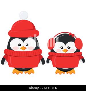 Cute penguin Boy und Girl Paar in warme Winterkleidung eingestellt Stock Vektor