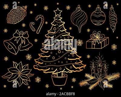 Vektor einrichten von Hand gezeichnet goldene Weihnachten Elemente Stock Vektor