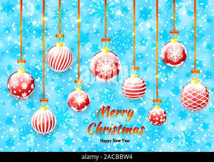 Frohe Weihnachten und guten Rutsch ins Neue Jahr Hintergrund mit roten Weihnachtskugeln Vektor Stock Vektor