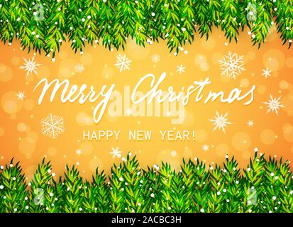 Frohe Weihnachten und guten Rutsch ins Neue Jahr Grußkarte. Christmas tree branches Grenze mit Schnee und Text Stock Vektor