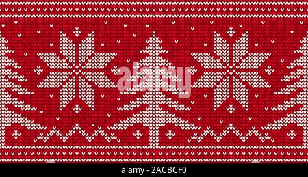 Rot stricken nahtlose Muster Hintergrund mit Weihnachtsbäumen und Schneeflocken. Vector Illustration Stock Vektor