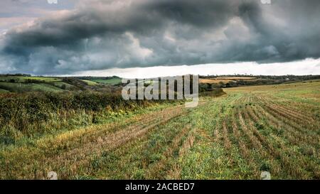 Ein Panoramabild von schweren Regenwolken über landwirtschaftliche Flächen in Cornwall. Stockfoto