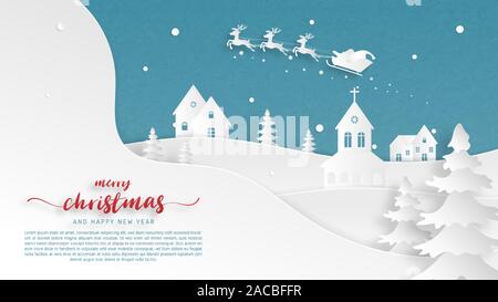 Weihnachtsfeier Banner in Papier schneiden Stil. Digital craft paper Art. Stock Vektor