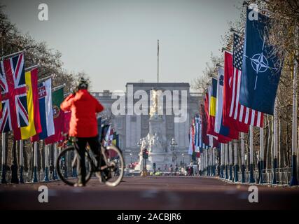 London, Großbritannien. 02 Dez, 2019. Flagge der NATO und der NATO-Mitgliedstaaten sind am 'Mall' vor dem Buckingham Palace gehisst. Vom 3. Dezember bis zum 4. Dezember, die Staats- und Regierungschefs der Mitgliedsländer der Verteidigung Bündnis wird auf dem NATO-Gipfel in London treffen. Quelle: Michael Kappeler/DOA/dpa/Alamy leben Nachrichten Stockfoto