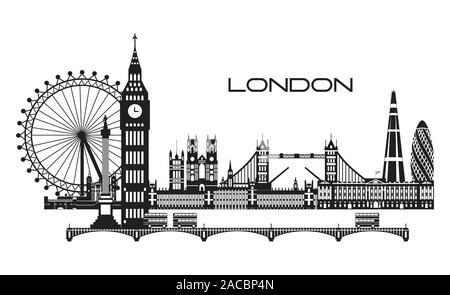 Vector Illustration der wichtigsten Sehenswürdigkeiten von London. Skyline der Stadt Vector Illustration in den Farben Schwarz und Weiß auf weißem Hintergrund. Satz von vecto Stock Vektor